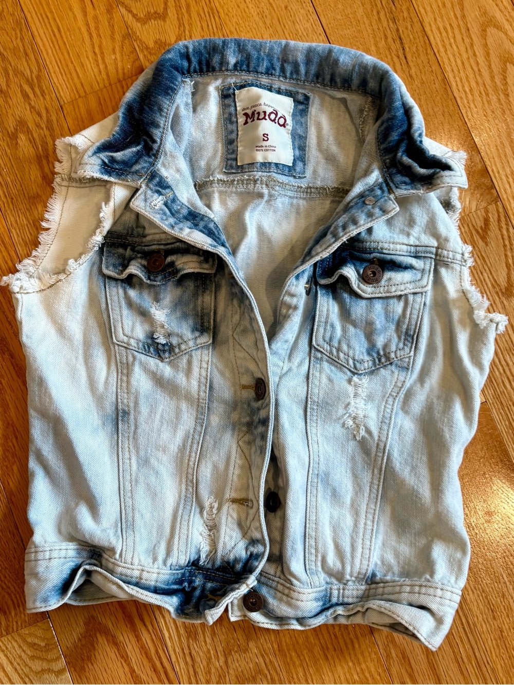 Mudd Light Blue Distressed Denim Vest with Dark Fade